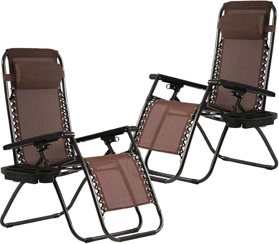Brown Zero Gravity Folding Reclining Chairs with Pillow and Cup Holder