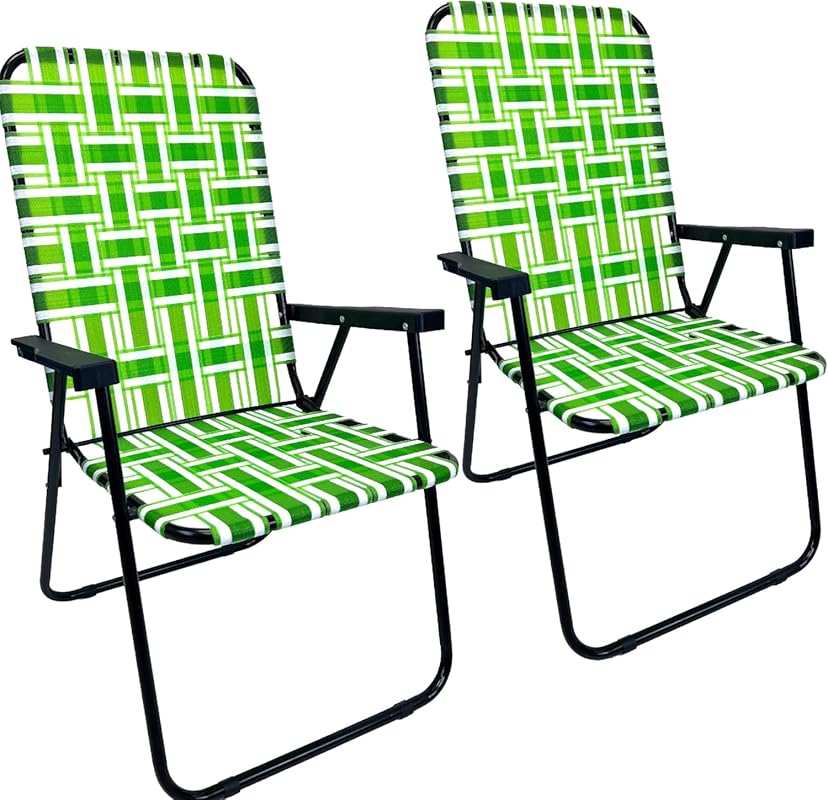 Green Folding Steel Webbed Chaise Loungers with Wood Handles - Set of 