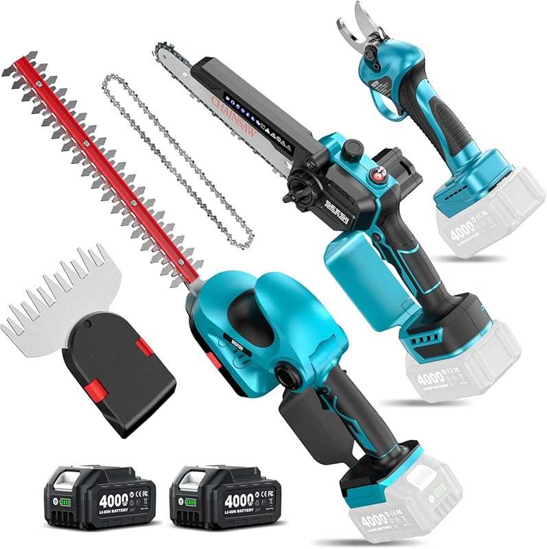 SEESII Cordless Electric Pruner, Chainsaw, and Hedge Trimmer with Batt