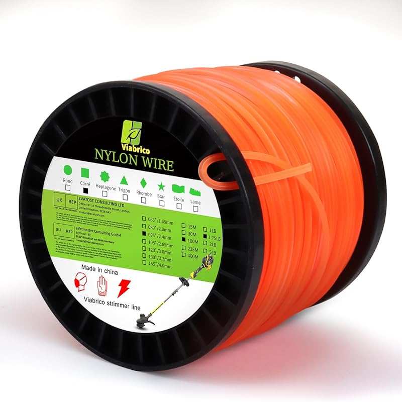 Heavy Duty Square Orange Trimmer Line, Premium Universal Nylon Weed Ea