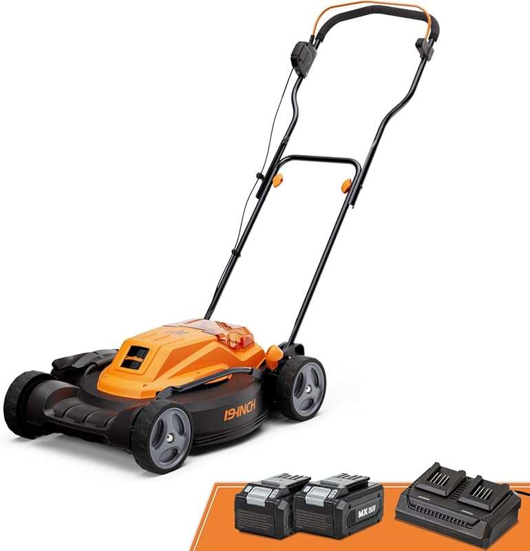 LawnMaster 19-Inch Brushless Cordless Lawn Mower with Dual Batteries a