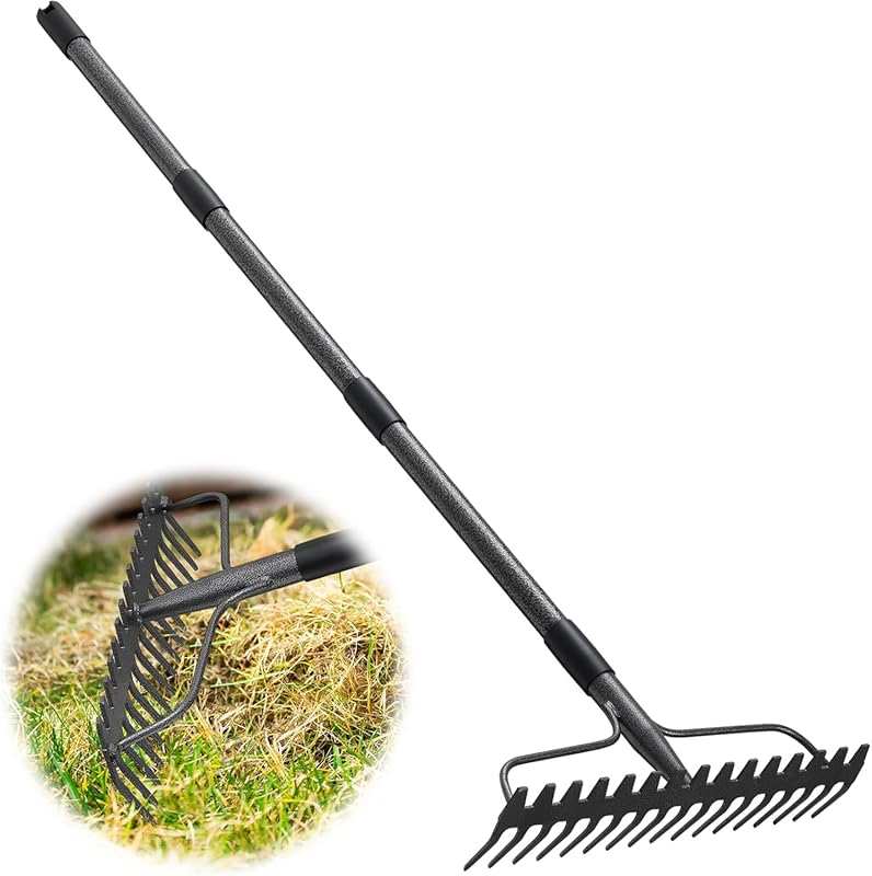 Heavy Duty Metal Garden Lawn Rake with 77 Inch Handle and 17 Inch Wide