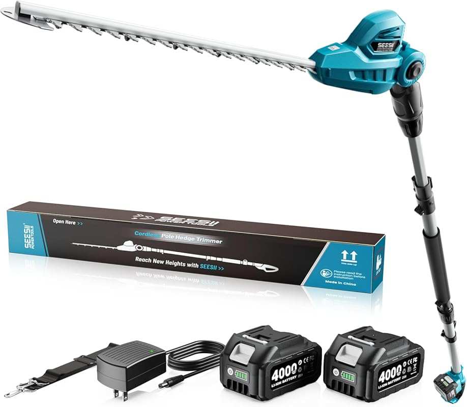 SEESII Cordless Pole Hedge Trimmer with 16-inch dual-action blade for 