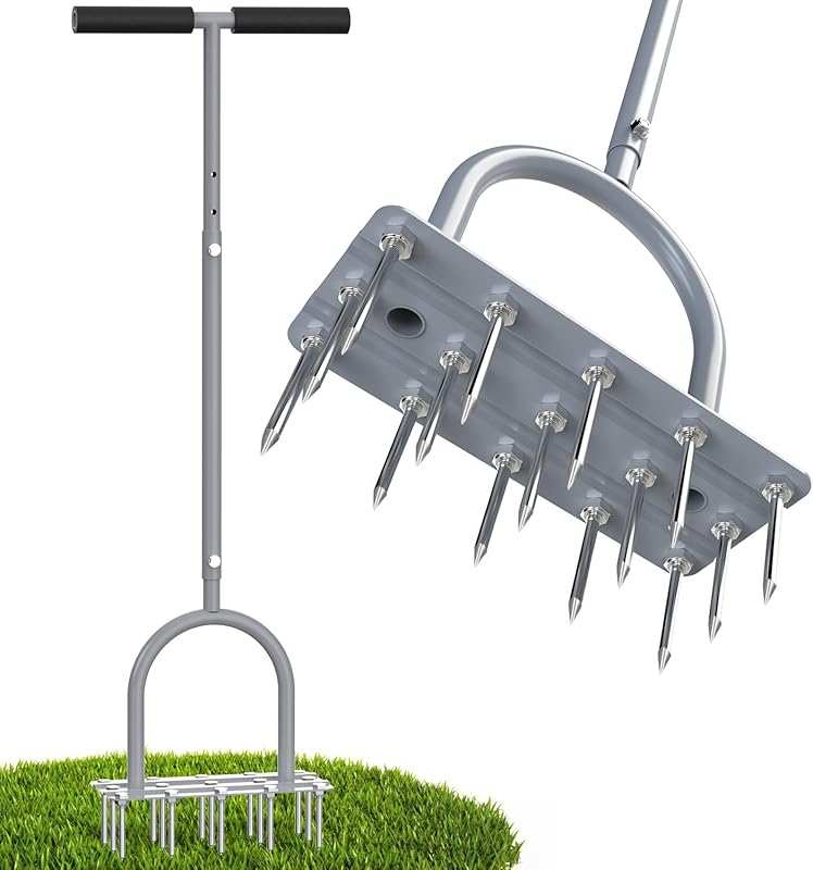 Heavy Duty Manual Lawn Aerator with 15 Iron Spikes, T-Handle & Wide Fo