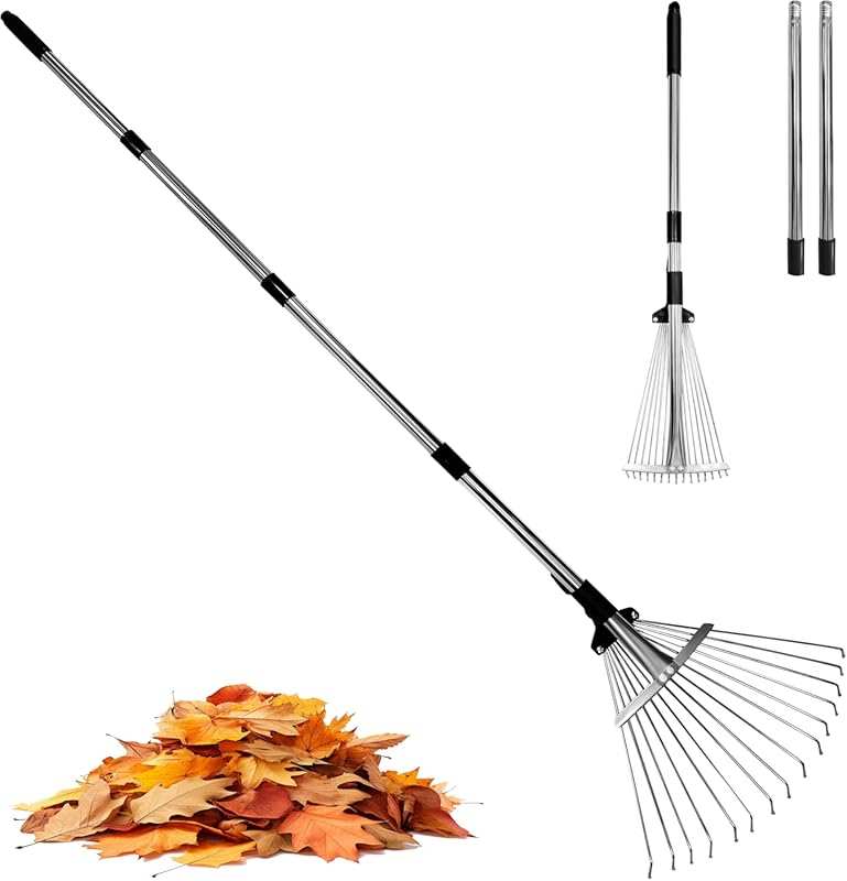Heavy Duty Metal Adjustable Leaf Rake for Lawns with Long Handle and E