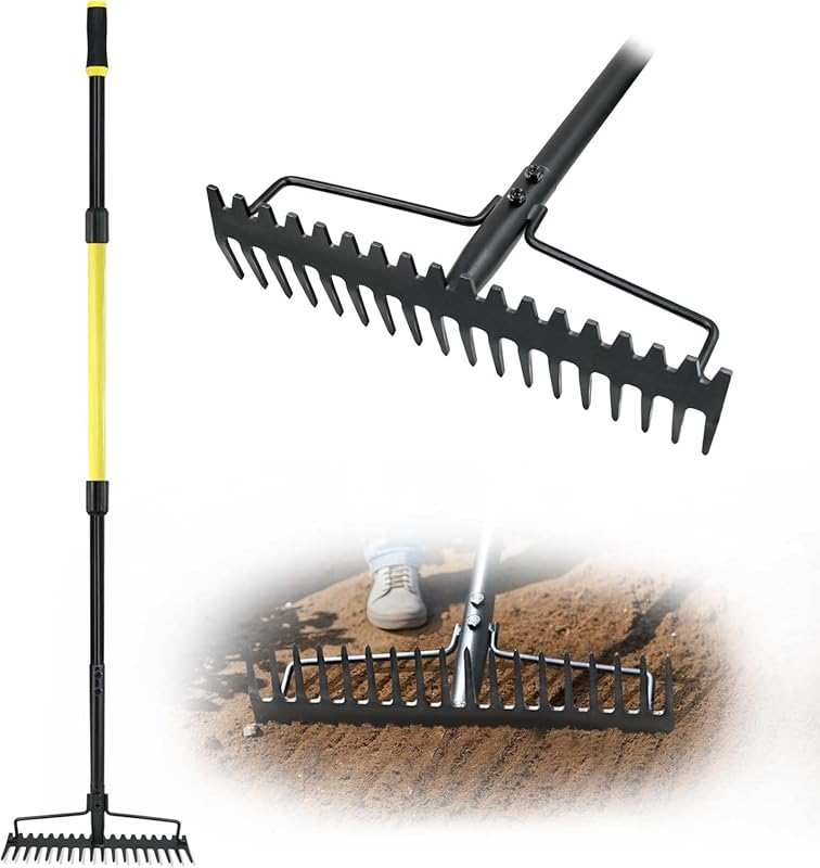 Jardineer Heavy Duty Bow Rake with Long Metal Handle and 18 Steel Tine