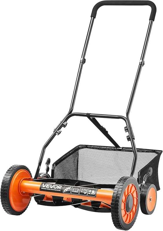 VEVOR 18-Inch Push Reel Lawn Mower: 5-Blade Manual Mower with Grass Ca
