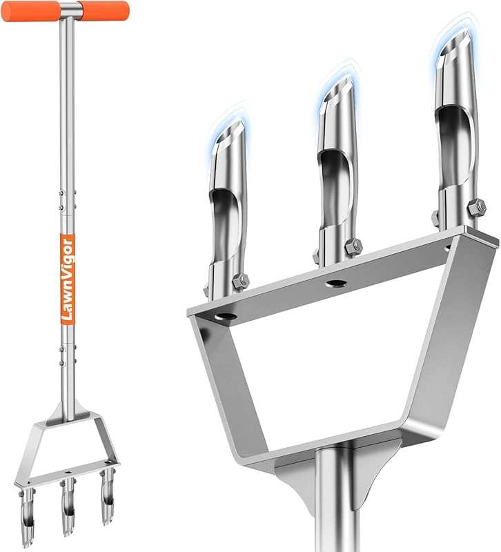 Manual Lawn Aerator Tool: 3 Hollow Tines for Compacted Soil Plug Aerat