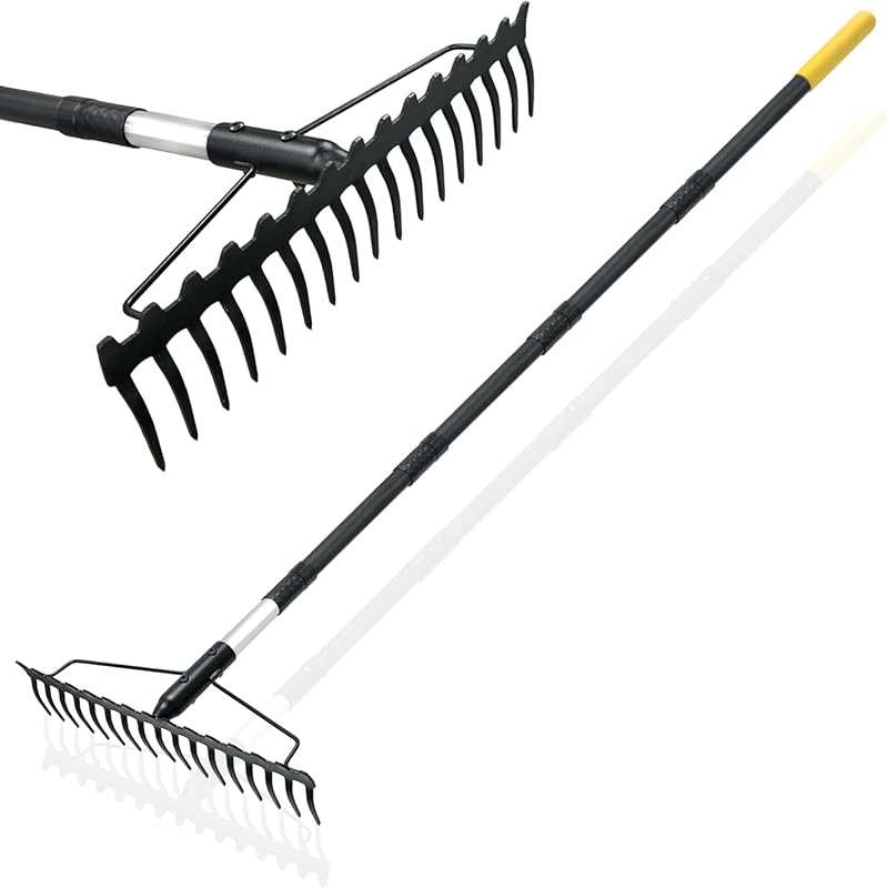 Adjustable Garden Bow Rake with 17 Steel Tines for Loosening Soil and