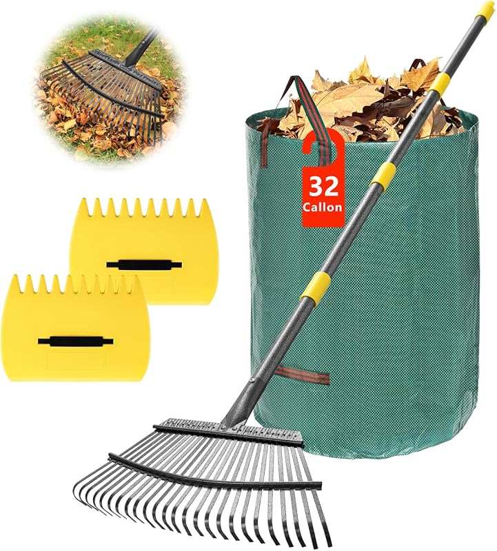 Heavy Duty Leaf Rake Set: 25 Tines, Leaf Scoops, Collector Bag, 5FT Ad