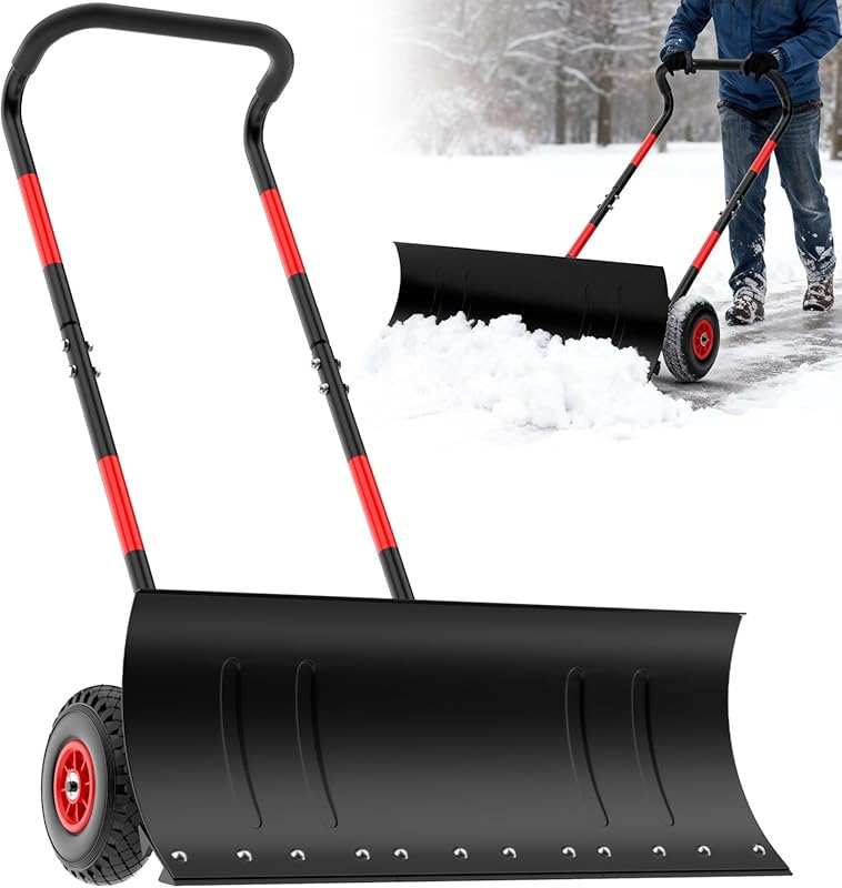 Heavy-Duty Steel Snow Shovel Pusher with Wheels and Adjustable Handle