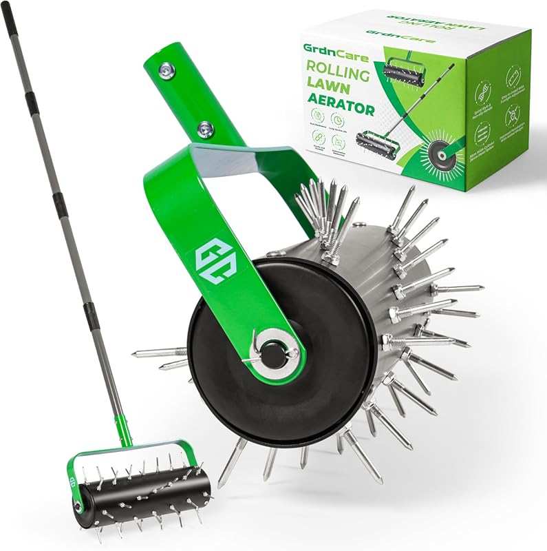 GrdnCare Rolling Lawn Aerator Tool with 42 Spikes and Adjustable Handl