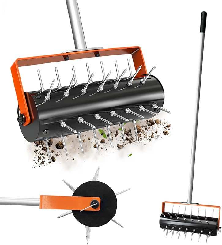 Rolling Lawn Aerator Tool: 42 Spikes with Grass Seed Dispenser for Sma
