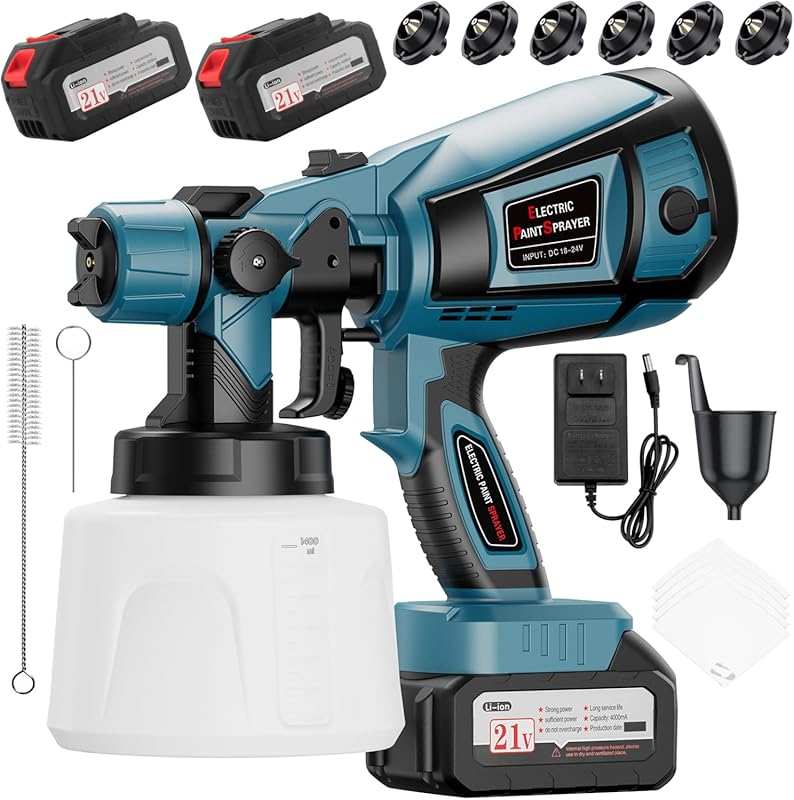 650W Cordless Paint Sprayer with 2 Batteries, 6 Nozzles, 3 Spray Modes