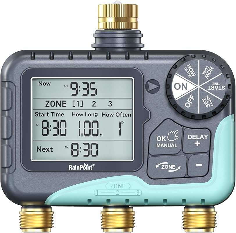 RAINPOINT 3 Zone Water Timer with Brass Fittings, 3 Plans, IP65 Waterp