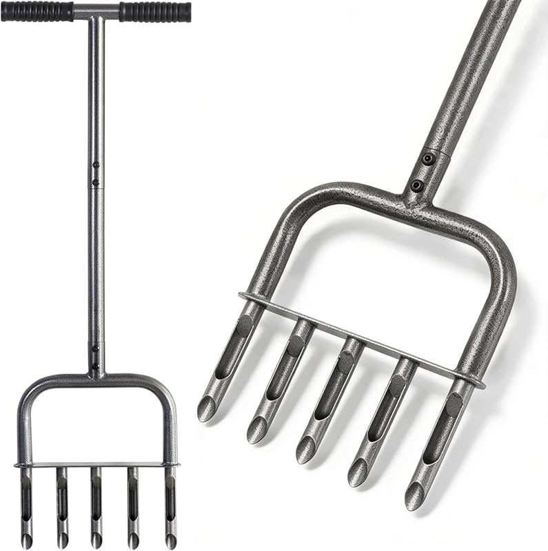 Manual Core Lawn Aerator Tool with 5 Hollow Tines for Garden Soil Loos