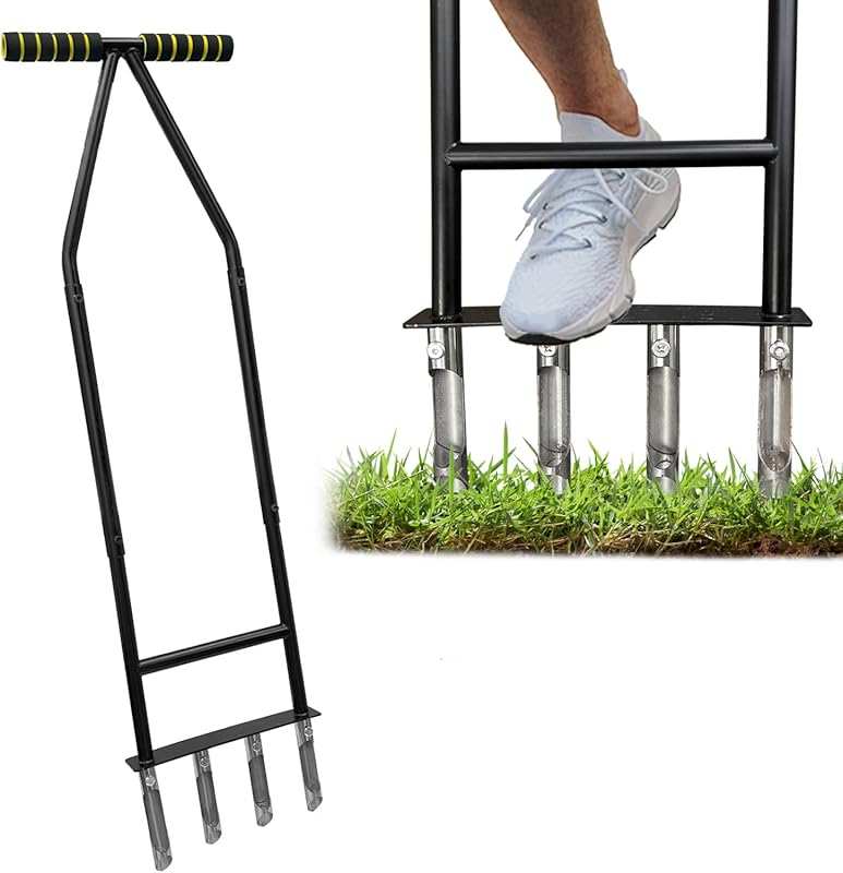 Black Manual Grass Aerator Lawn Tool with 4 Steel Tines for Yard Care 