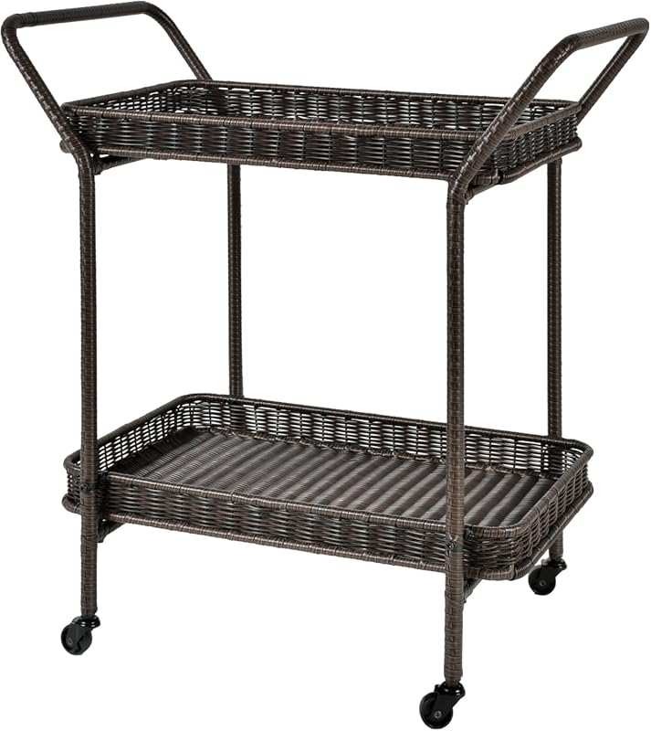 Jeco Wicker Outdoor Espresso Patio Furniture Serving Cart, Durable Bro