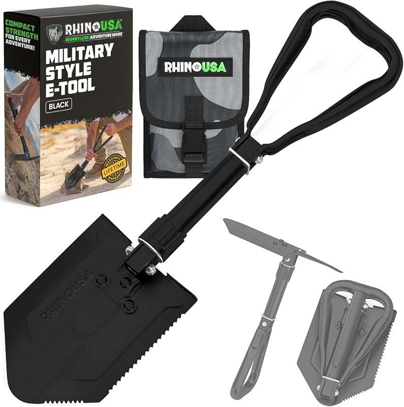 RHINO USA Folding Survival Shovel with Pick Heavy Duty Carbon Steel Mi