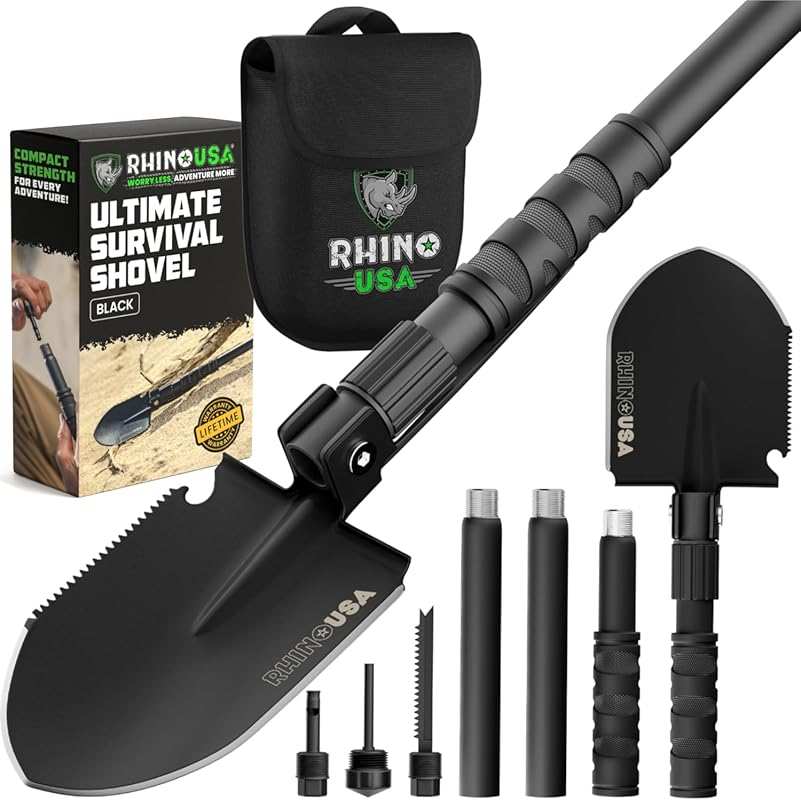Rhino USA Heavy-Duty Carbon Steel Survival Shovel with Pick for Campin