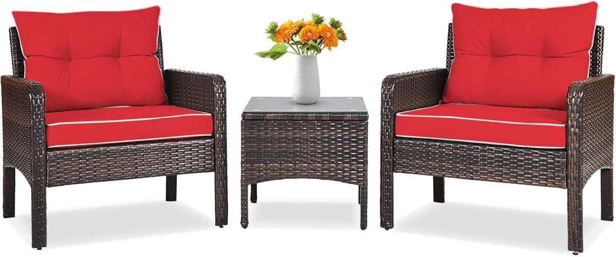 Tangkula 3-Piece Outdoor Patio Set with Glass Coffee Table and Thick C