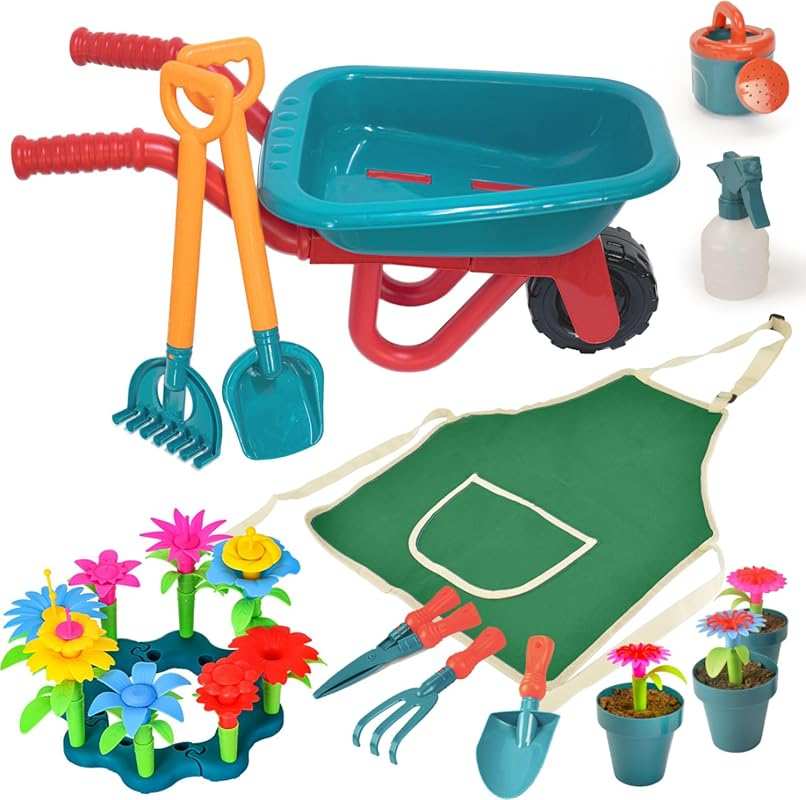 Unanscre Kids Gardening Tool Set with Wheelbarrow, Watering Can, Spray