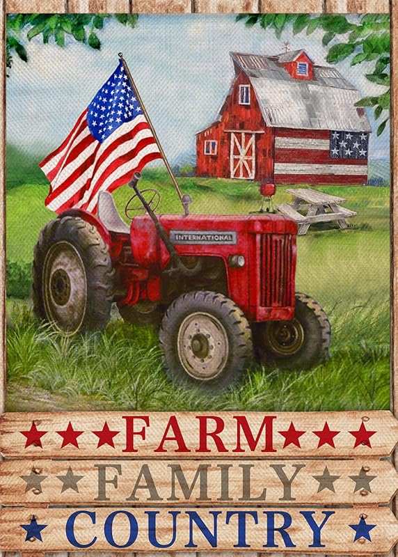 Furiaz Patriotic Tractor Garden Flag: July 4th American Farmhouse Outd
