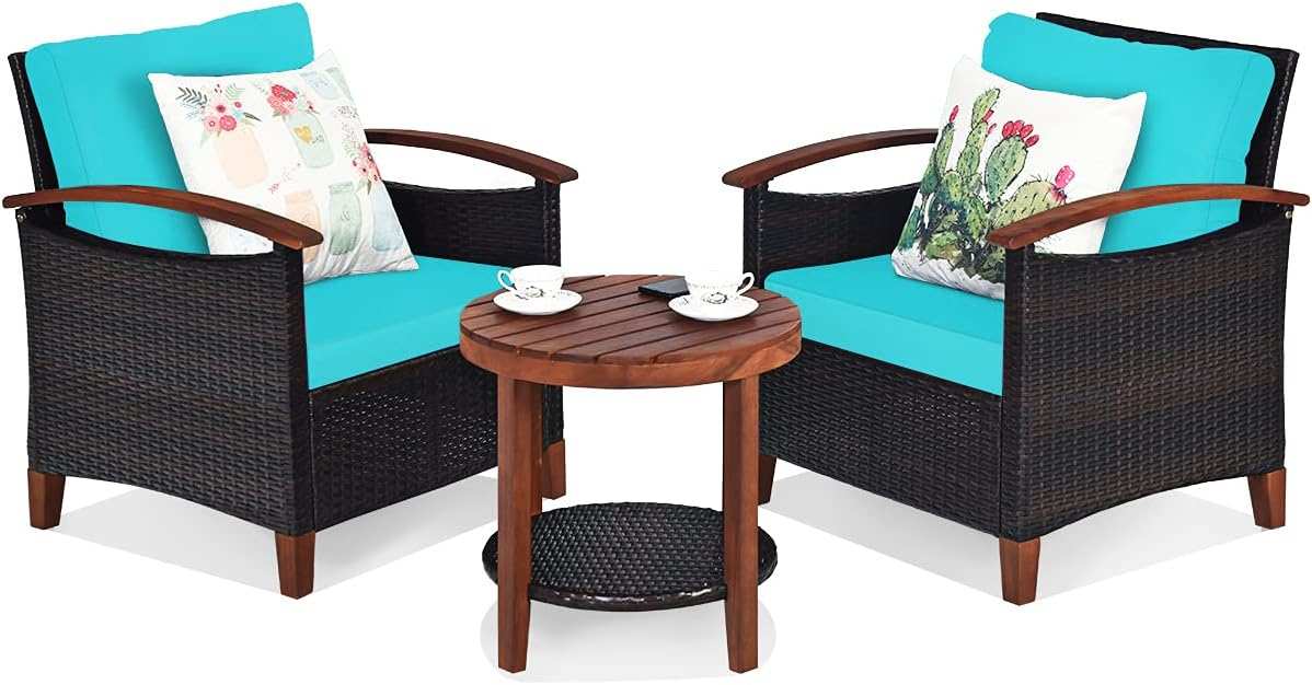 Tangkula 3-Piece Outdoor Rattan Sofa Set with Acacia Wood Frame & Remo