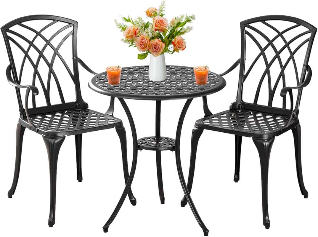 Outdoor 3-Piece Cast Aluminum Bistro Set with 2 Chairs & Table for Gar