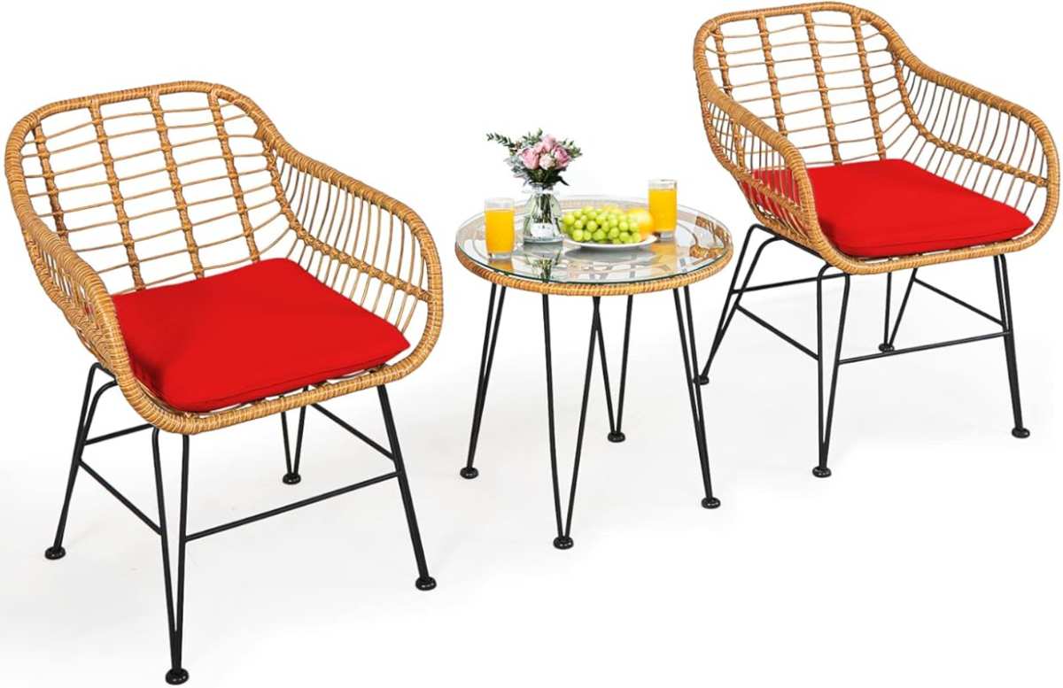 Tangkula 3-Piece Rattan Bistro Set with 2 Cushioned Armchairs & Glass