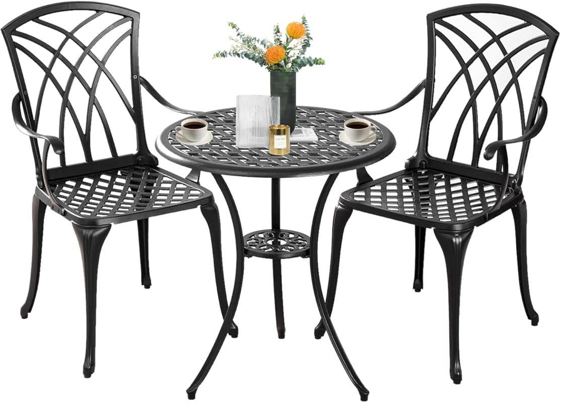 Cast Aluminum 3-Piece Outdoor Bistro Set with Umbrella Hole, All-Weather Patio Furniture