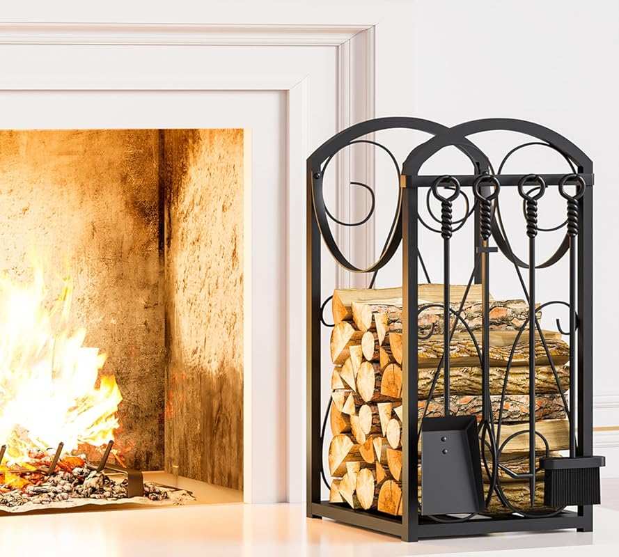Kingson Indoor/Outdoor Firewood Rack, Log Holder, Fireplace Tool Set, 