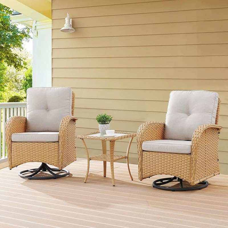 Belord 3-Piece Swivel Rocker Patio Set with Rattan Table and Beige Cus