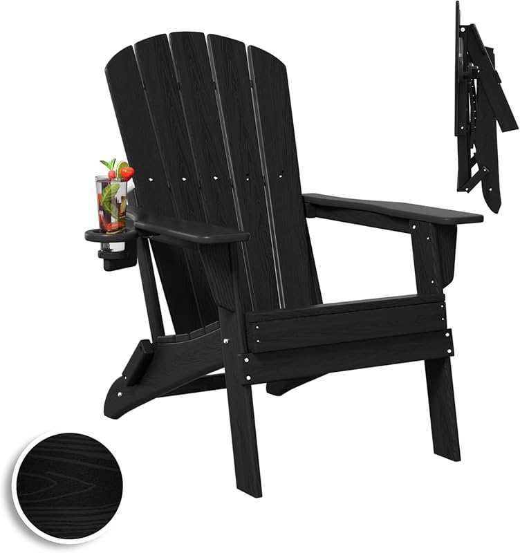Plawdlik Folding Adirondack Chair with Cup Holder, SGS Tested, HDPE We