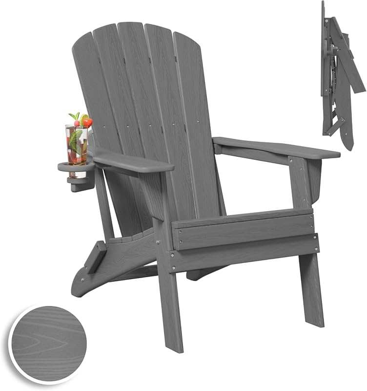 Plawdlik Folding Adirondack Chair, SGS Tested HDPE Wood-Look with Cup 