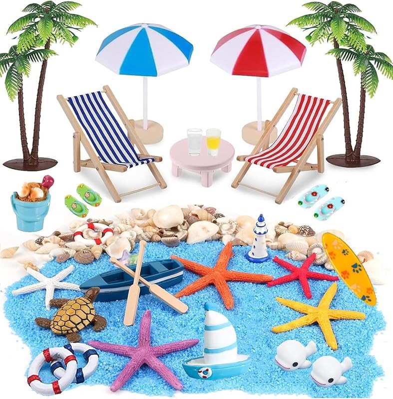 31Pcs Beach Miniature Dollhouse Decoration with Umbrella Palm Chair Mi