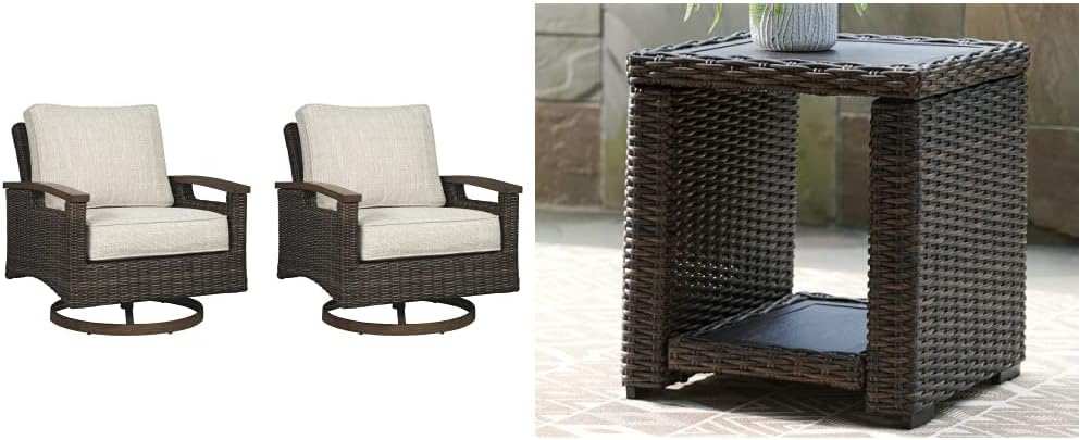 Paradise Trail Outdoor Swivel Chair Set & Rattan End Table with Storag