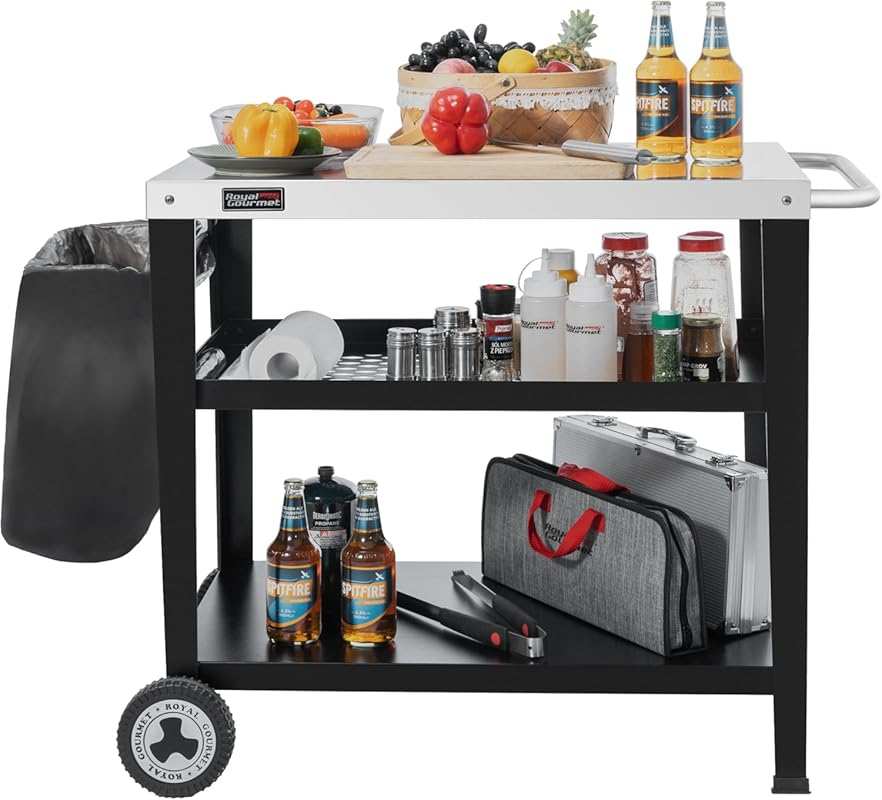 Royal Gourmet PC3404S Rolling Outdoor BBQ Kitchen Prep Table Cart with Stainless Steel Top