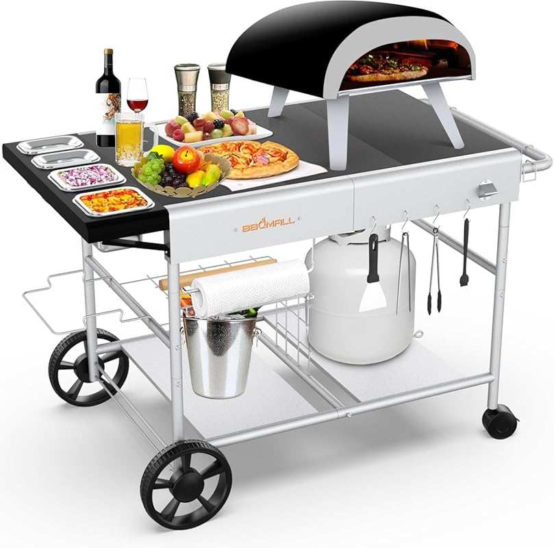 Outdoor Grill Table Cart with Pizza Topping Station and Wheels for Var