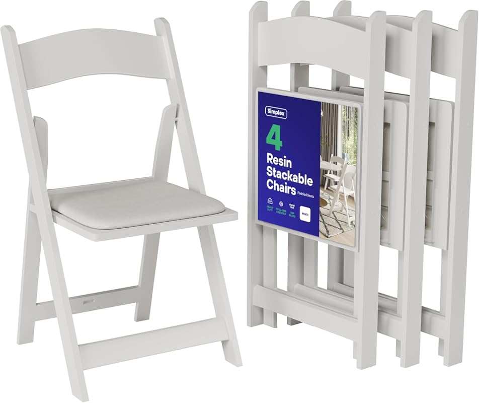 SIMPLEX 4 Pack White Resin Folding Chairs, Padded Seats, Stackable & L