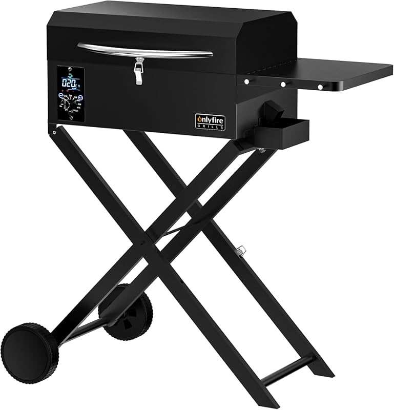 Portable BBQ Wood Pellet Grill Smoker with Foldable Cart, Meat Probe, 