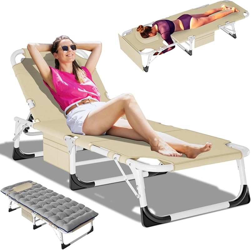 DoCred Heavy Duty XXL Tanning Chair with Face Hole & Mat – Oversized 5-Position Folding Beach Lounge Chair for Sunbathing & Outdoor Use