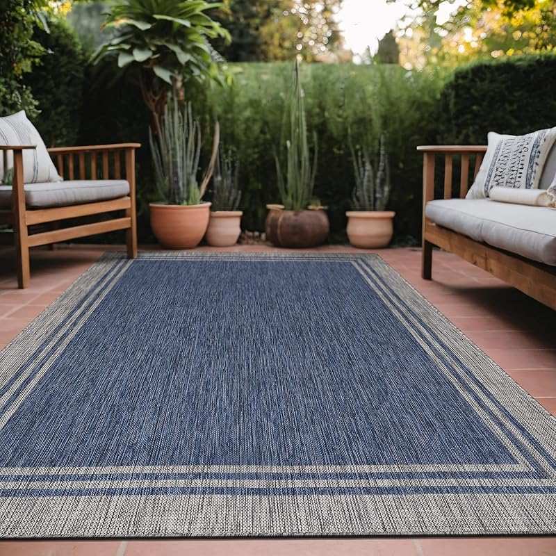 Bordered 9x12 Washable Outdoor Rug, Navy Waterproof Area Carpet for Pa