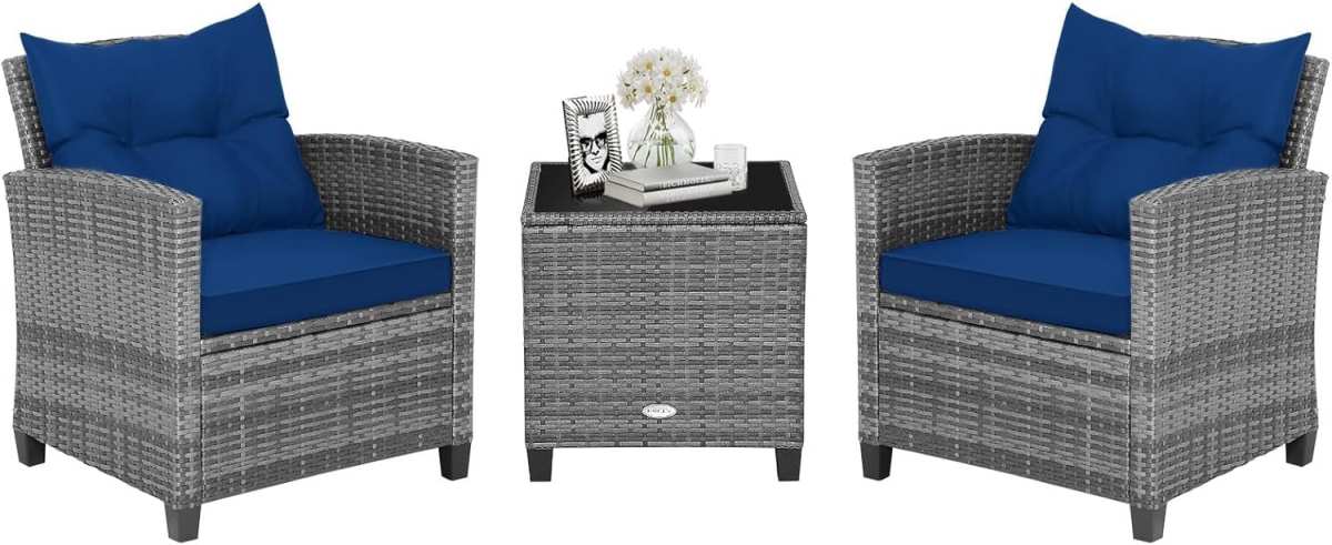 HAPPYGRILL 3-Piece PE Rattan Conversation Set with Glass Table & Remov