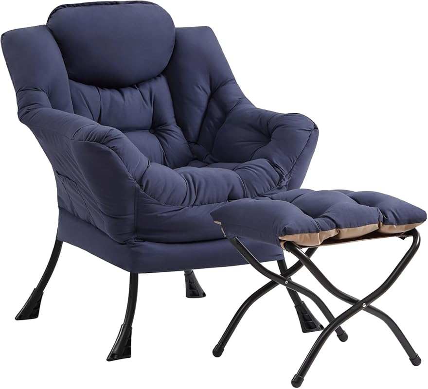 Cozy Lazy Chair and Ottoman Set, Large Navy Contemporary Accent Readin