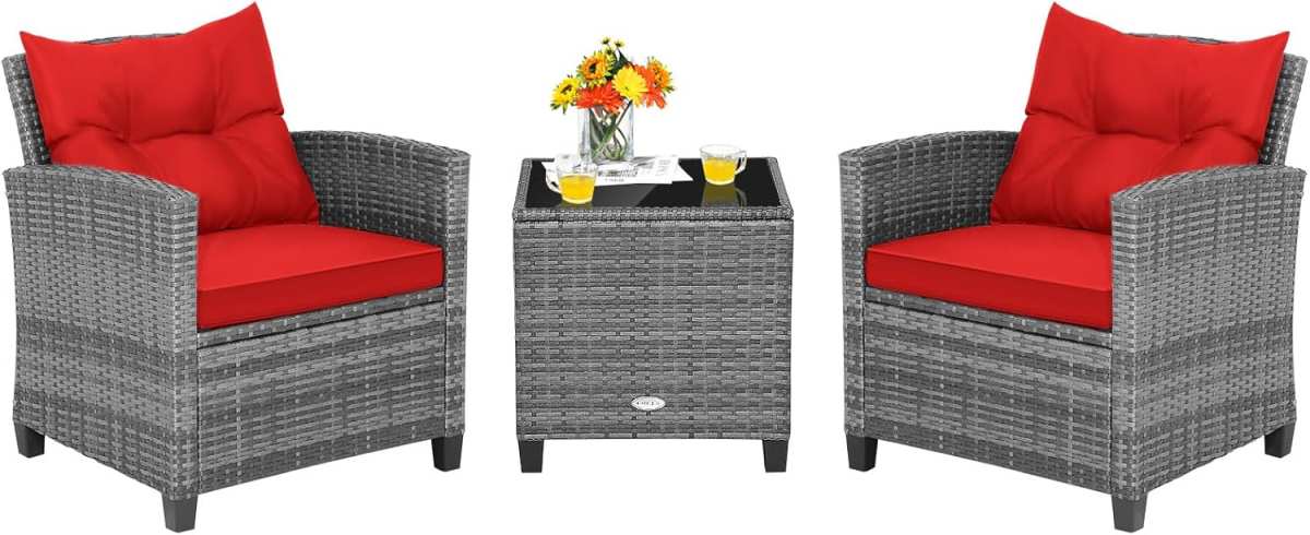 Tangkula 3-Piece Outdoor Rattan Patio Set with Glass Table & Cushions 