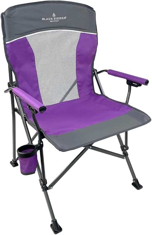 Black Sierra Camping Chair with Padded Armrest, Mesh Back, Cup Holder,