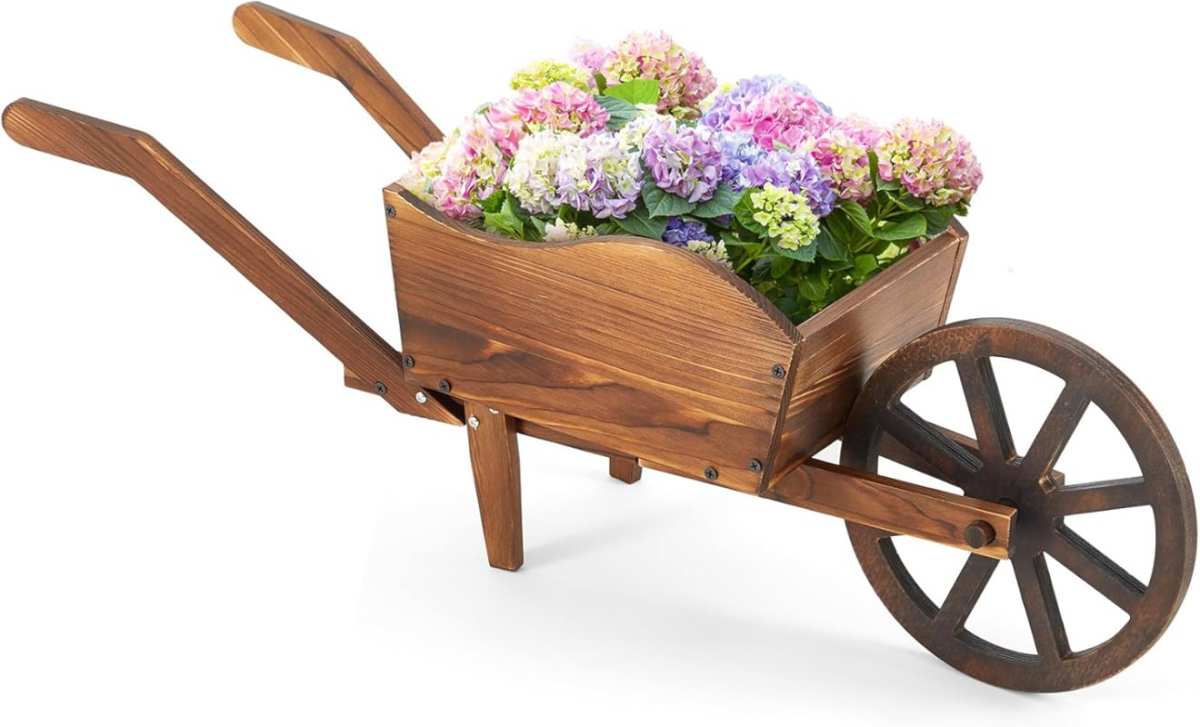 Rustic Brown Wooden Wagon Flower Planter Cart for Home Garden and Outd