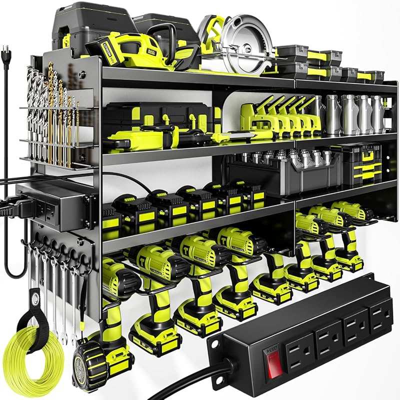 Large 4-Layer Heavy-Duty Metal Power Tool Organizer Wall Mount with Ch