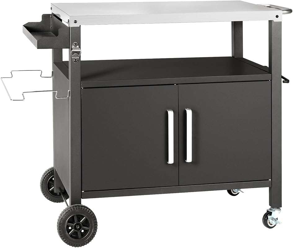 Movable Dining Cart Table with Large Storage Cabinet for Indoor/Outdoo